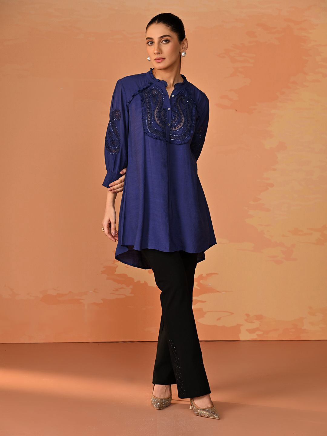

Lakshita Women Embroidered Mandarin Collar A-Line Longline Top, Blue