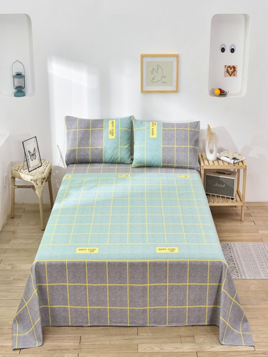 

JC HOME Blue & Grey Single Bedsheet with 1 Pillow Covers