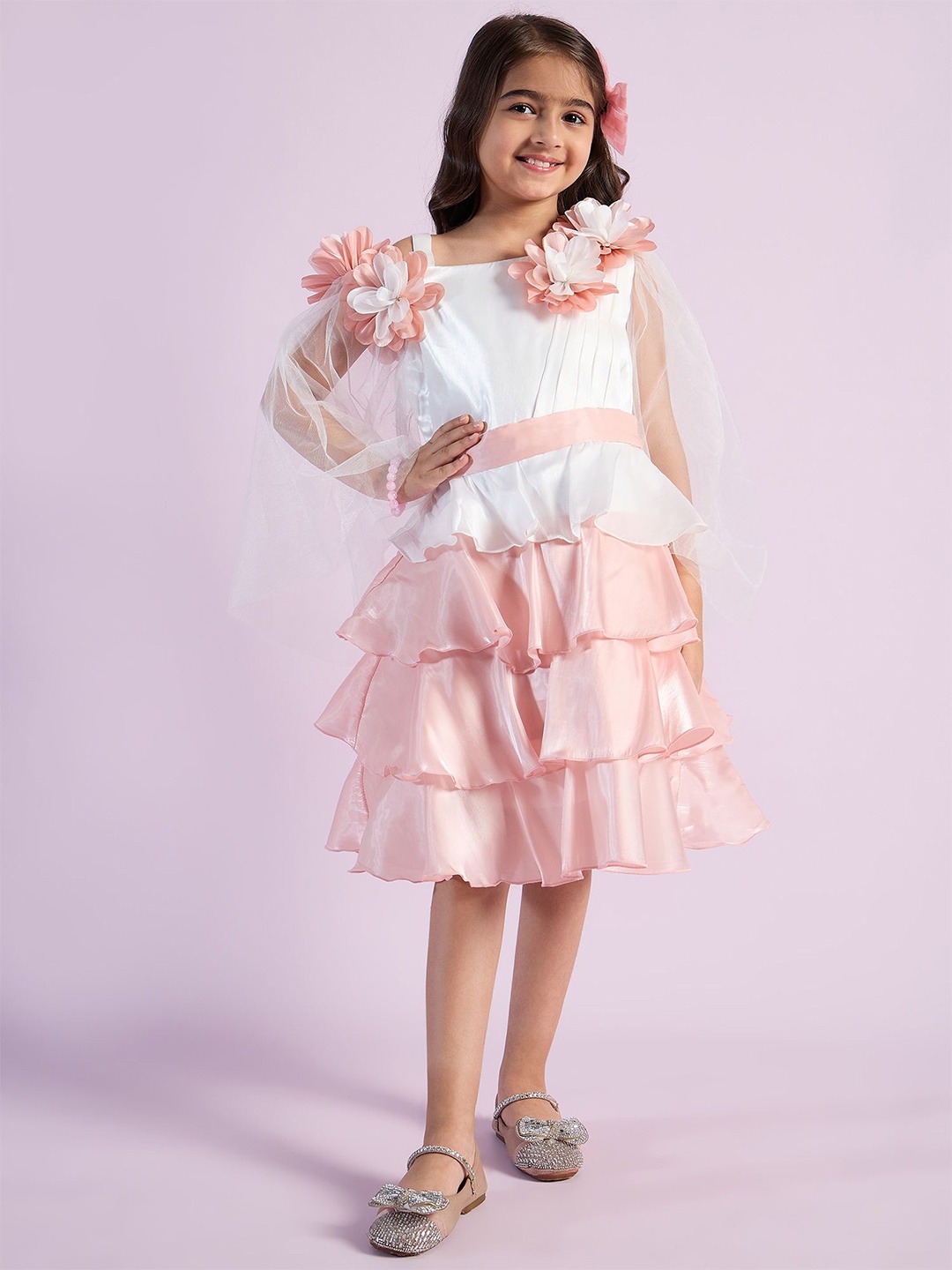 

Peppermint Girls Floral Dyed Off-Shoulder Bell Sleeve Peplum Dress, Peach