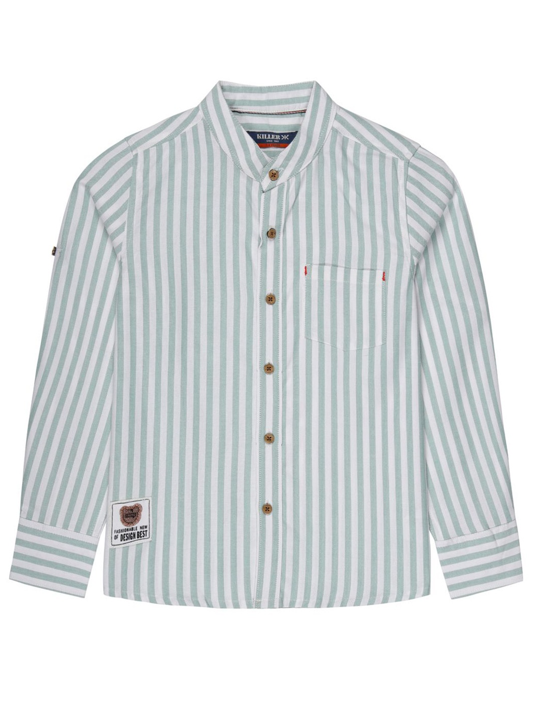 

Killer Boys Premium Band Collar Vertical Striped Cotton Casual Shirt, Green