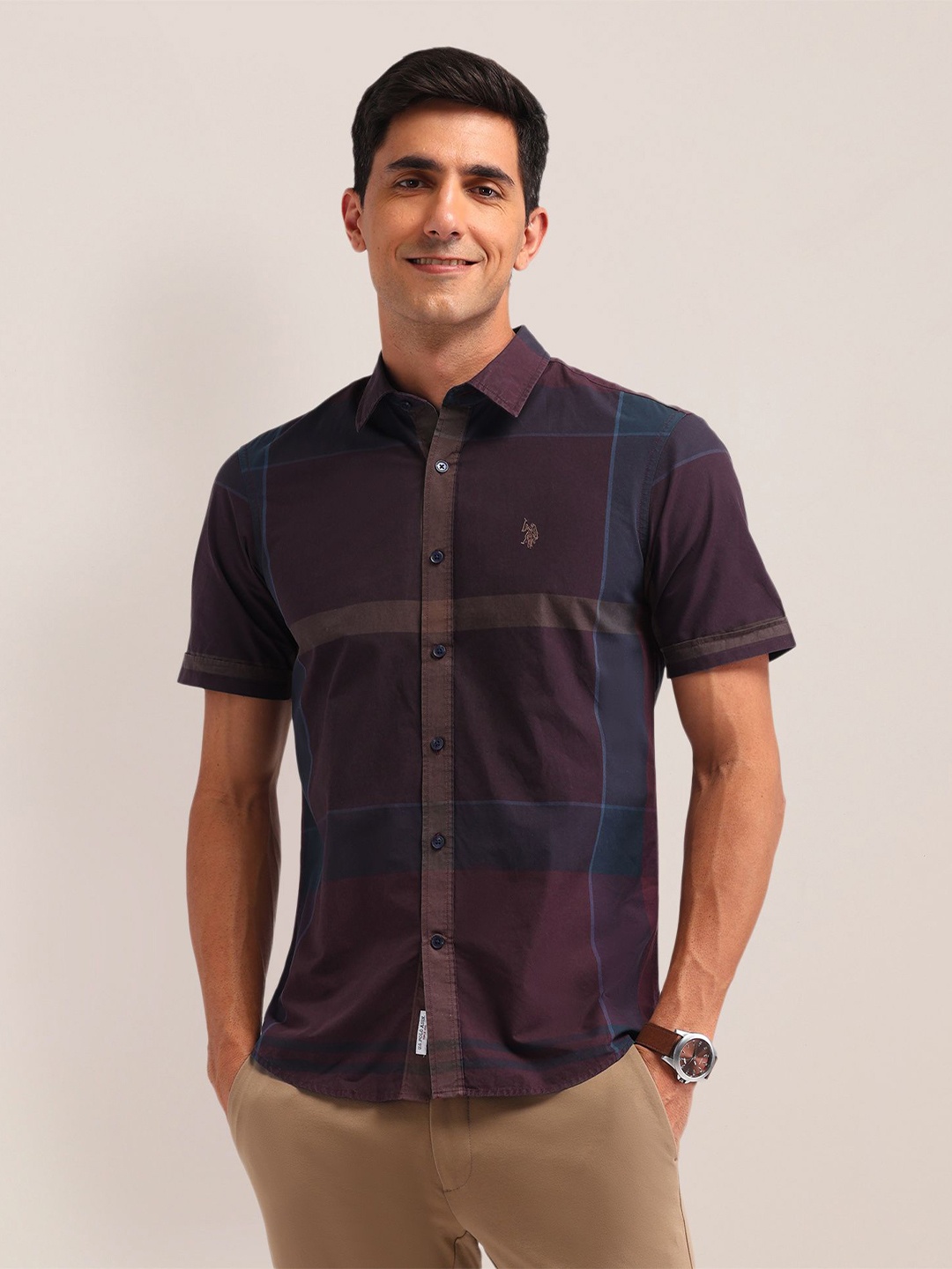 

U.S. Polo Assn. Men Classic Spread Collar Checks Printed Cotton Casual Shirt, Purple