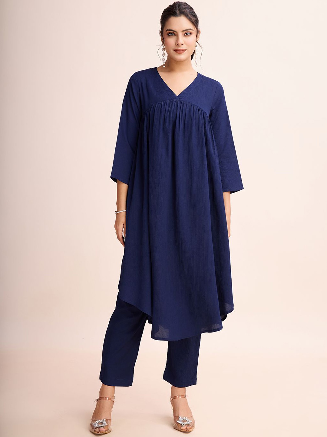 

HERE&NOW Empire V-Neck A-Line Kurta With Trousers, Teal