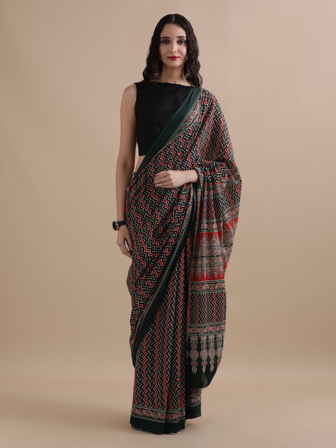 

Jaipur Kurti Geometric Printed Pure Cotton Saree, Green