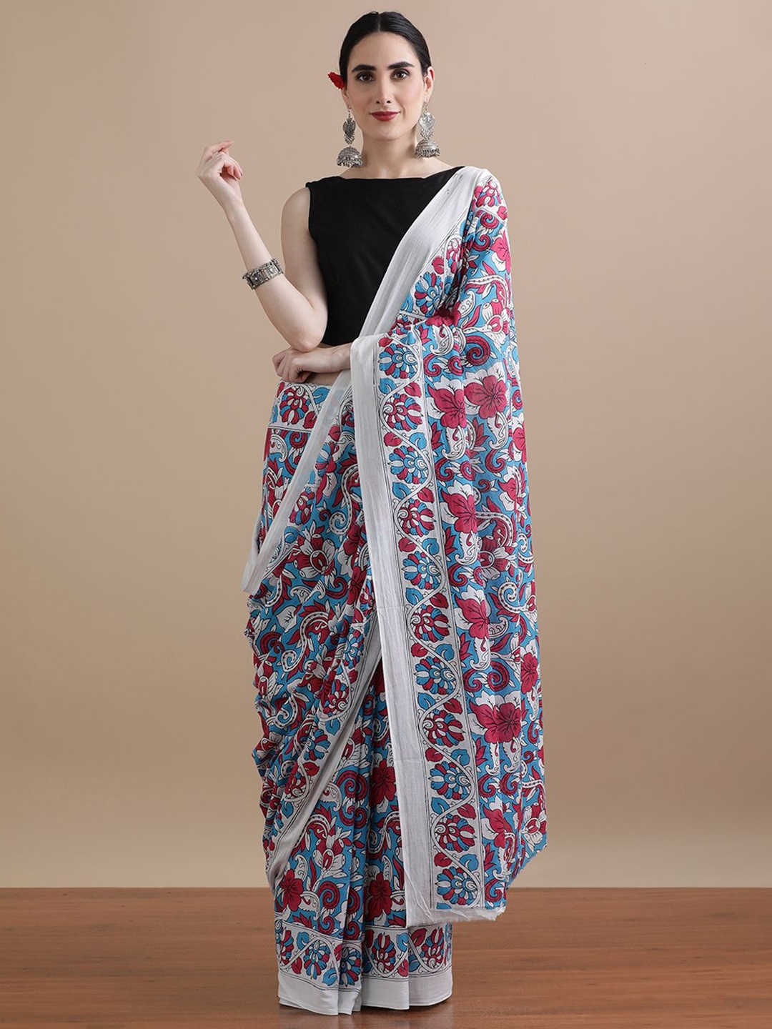 

Jaipur Kurti Floral Printed Pure Cotton Saree, White