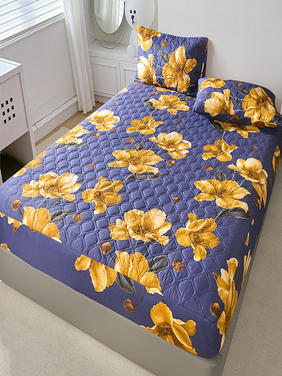 

JC HOME Blue & Yellow Floral 150 TC Fitted King Bedsheet Set-2 m x 2.2 m