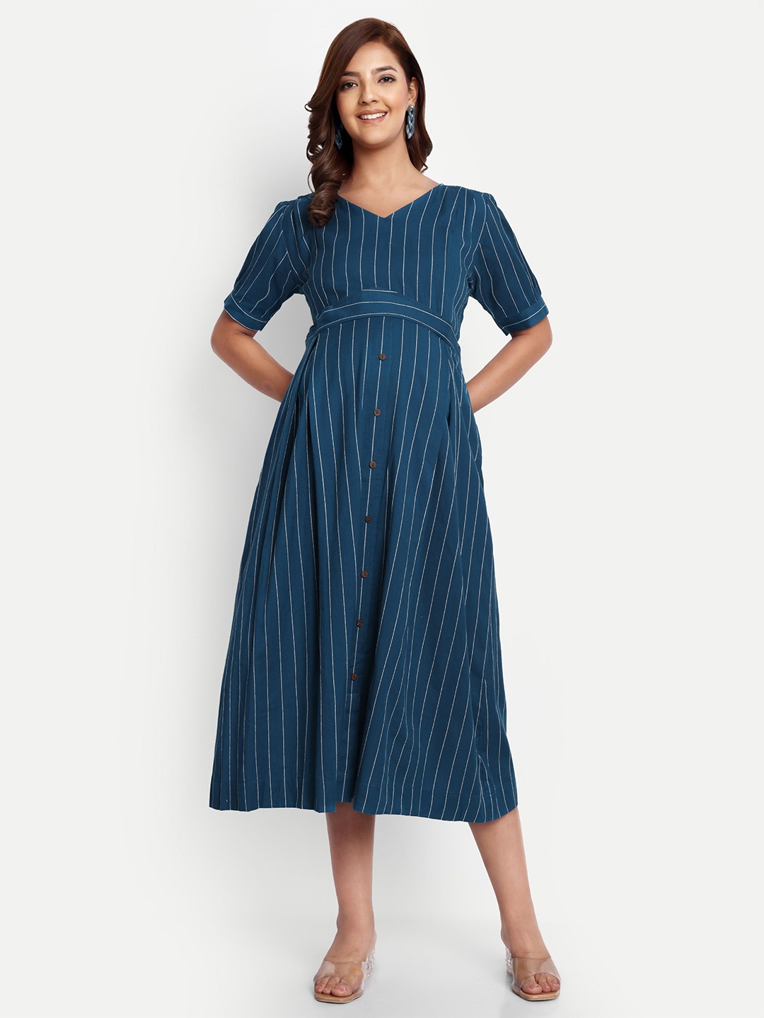 

THOTTIL Women Striped Maternity A-Line Midi Dress, Blue