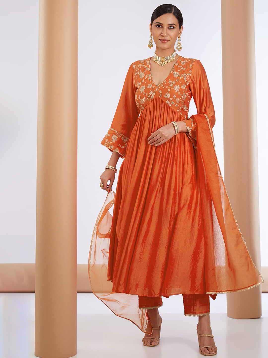 

GoSriKi Women Floral Embroidered Anarkali Kurta With Trouser & Dupatta, Orange