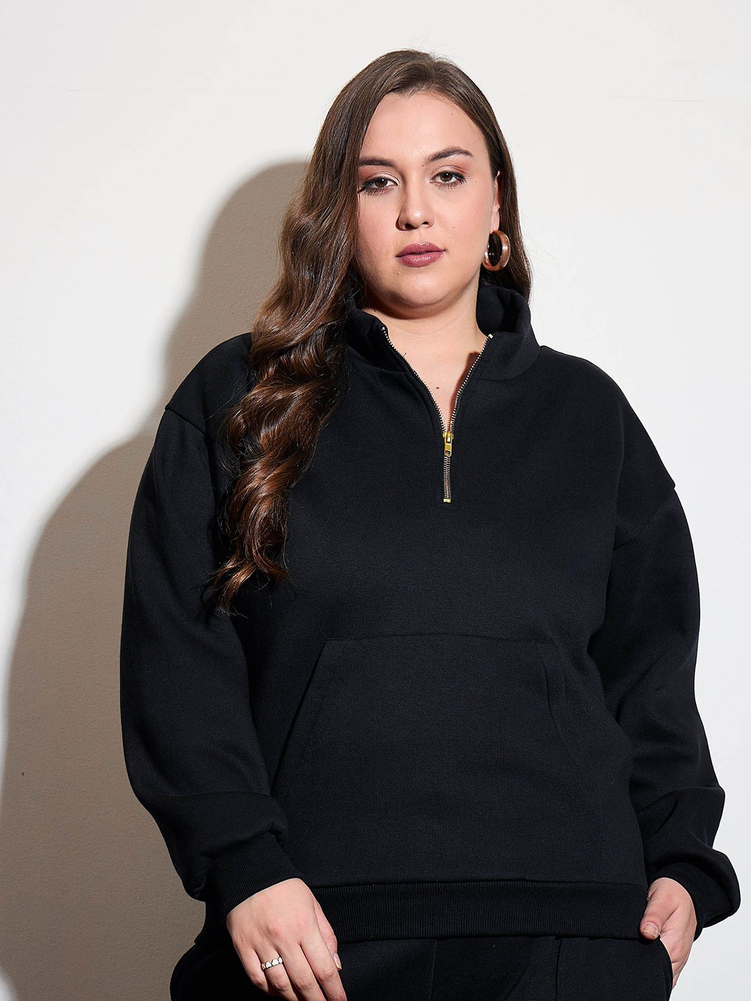 

SASSAFRAS Curve Women Plus Size Long Sleeves Half Zipper Sweatshirt, Black