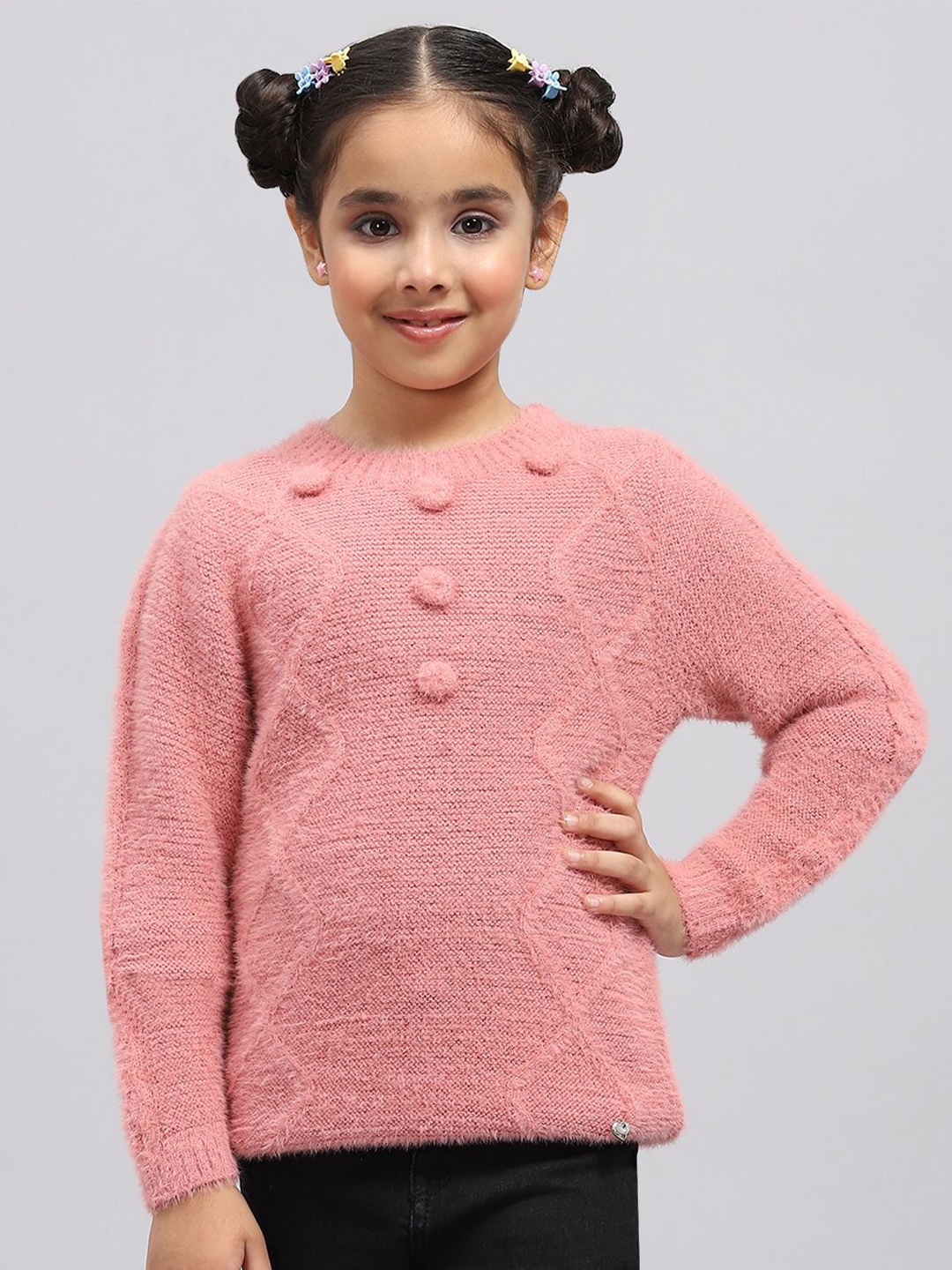 

Monte Carlo Girls Self design Round Neck Full Sleeve Pullover Sweaters, Peach