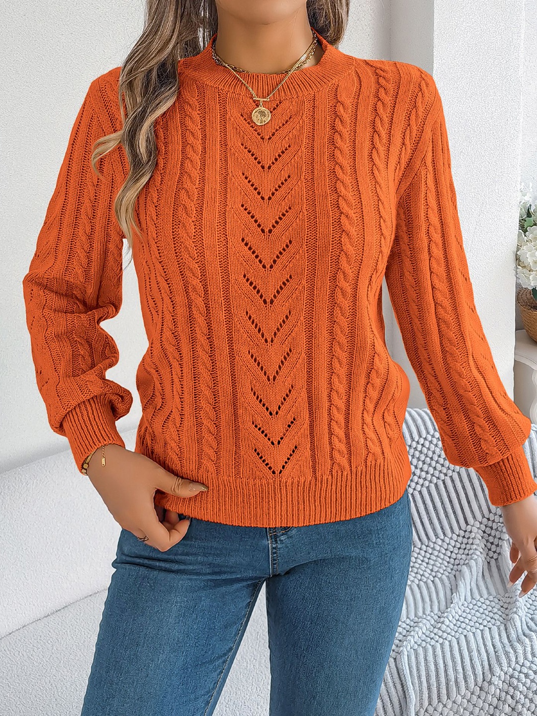 

StyleCast x Revolte Self Design Women Pullover Sweaters, Orange