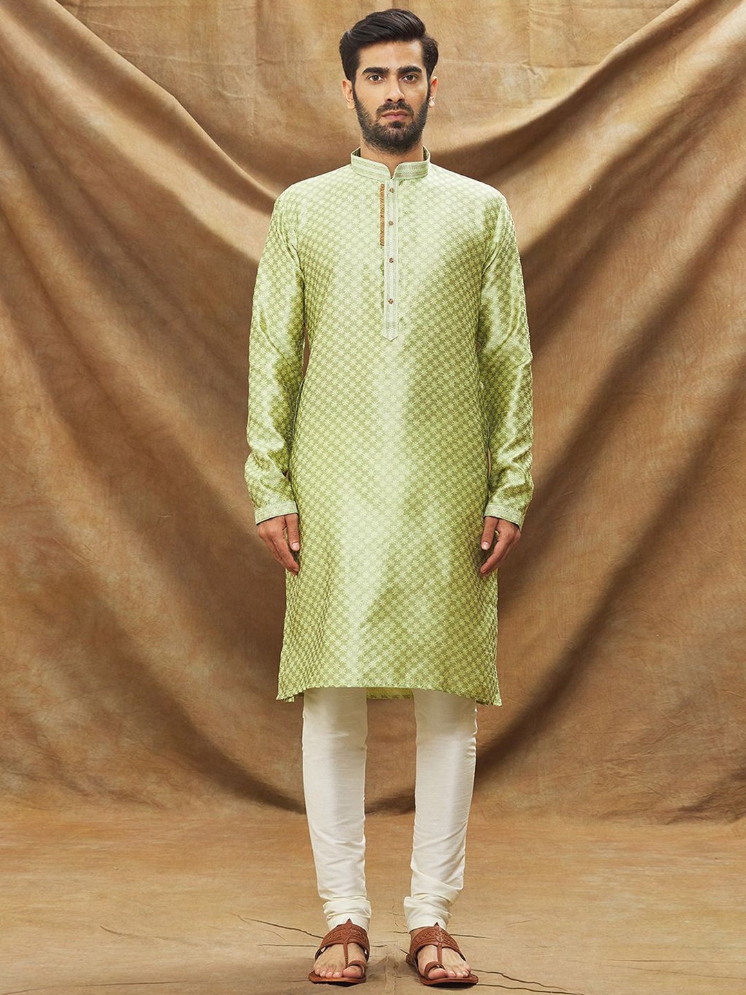 

Samyukta Singhania Men Embroidered Regular Thread Work Kurta with Churidar, Green