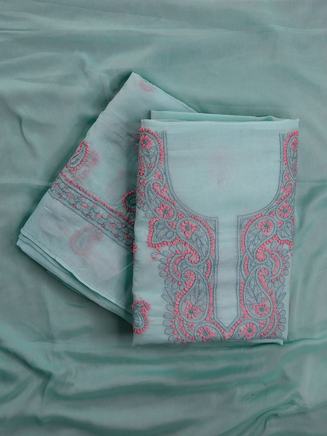 

Seva Chikan Paisley Embroidered Unstitched Dress Material, Sea green