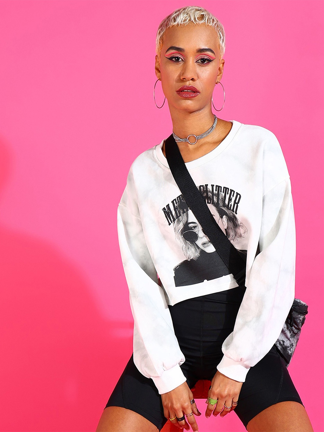 

SHECZZAR Women Graphic Printed Long Sleeves Crop Top, White