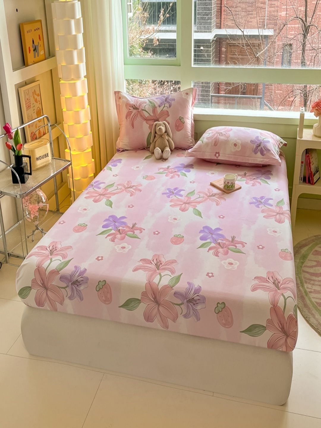 

JC HOME Pink & Purple Floral Cotton 220 TC Fitted Double King Bedsheet Set-1.8 m x 2 m