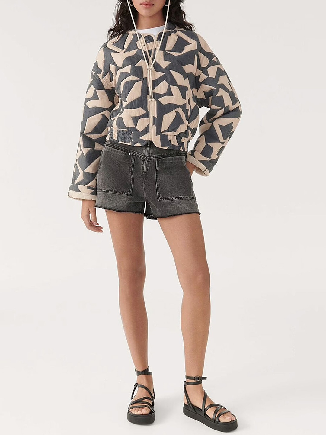 

LULU & SKY Women Collarless Abstract Printed Casual Open Front Jacket, Grey