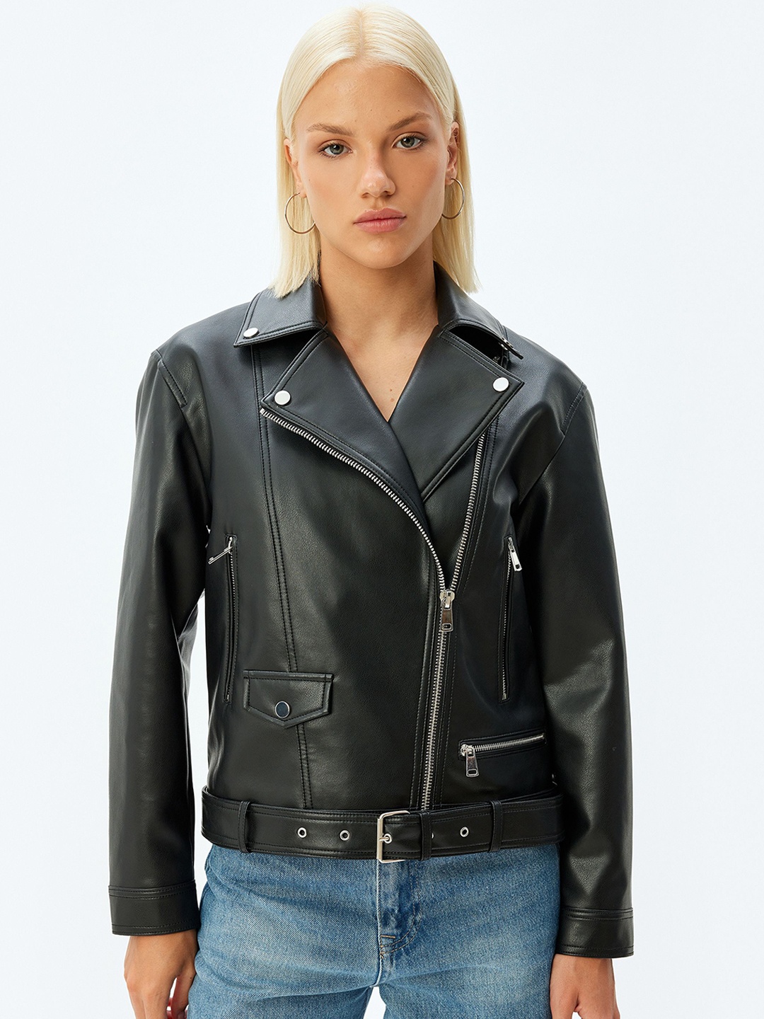 

Koton Women Lapel Collar Solid Casual Biker Jacket, Black