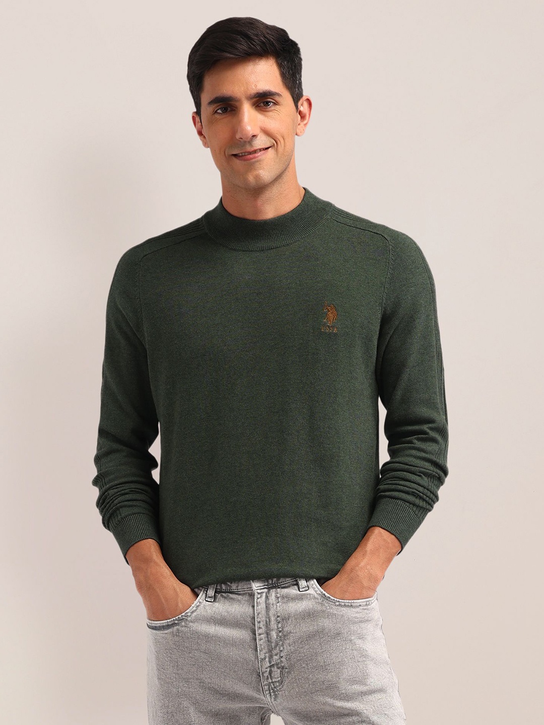 

U.S. Polo Assn. Men Cotton Self Design Printed Pullover, Green