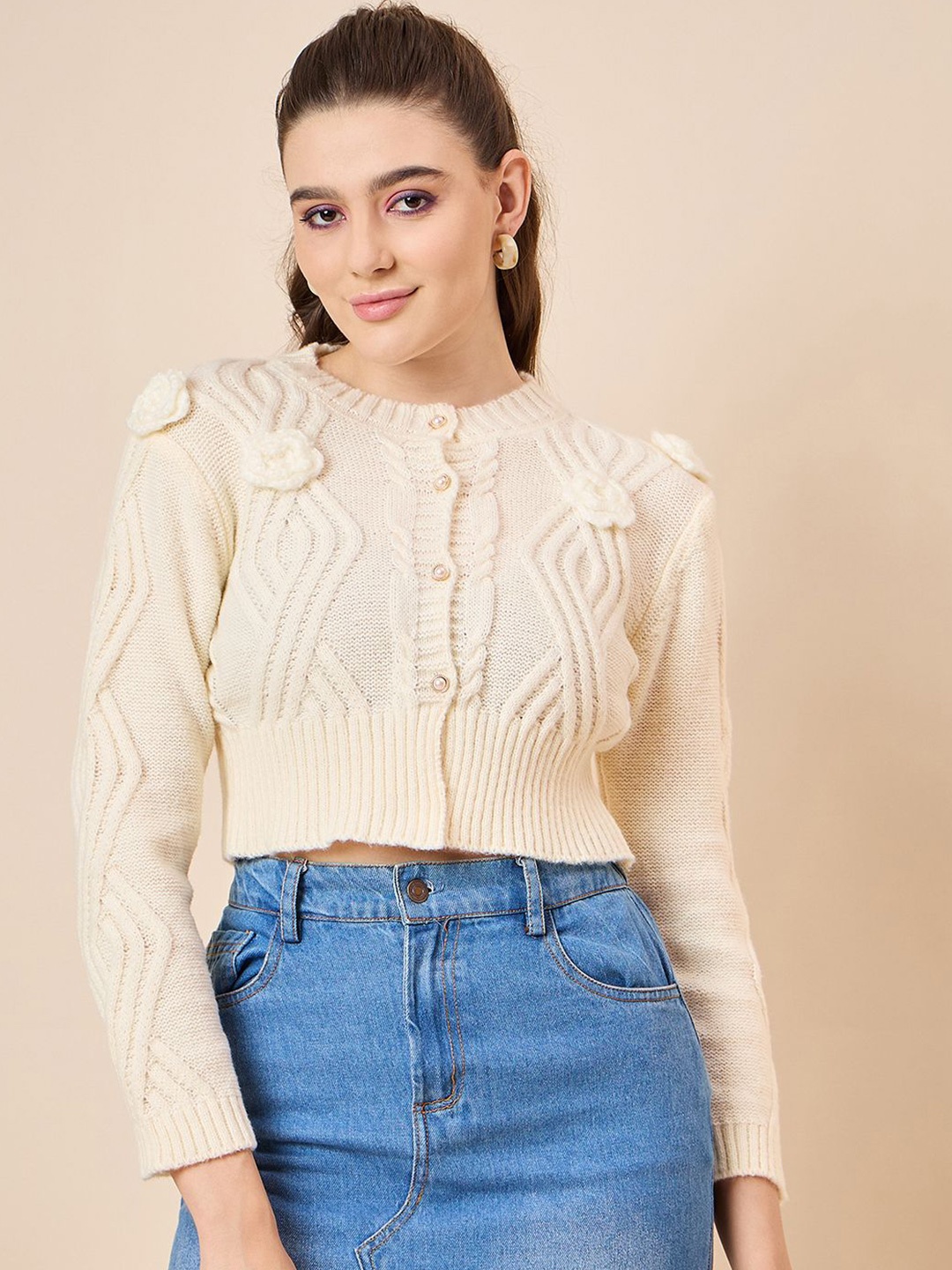 

KASMA Women Woollen Long Sleeves Cardigan, Cream