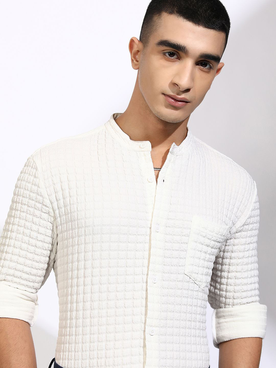 

HIGHLANDER Men Popcorn Textured Solid Mandarin Regular Fit Shirt, White