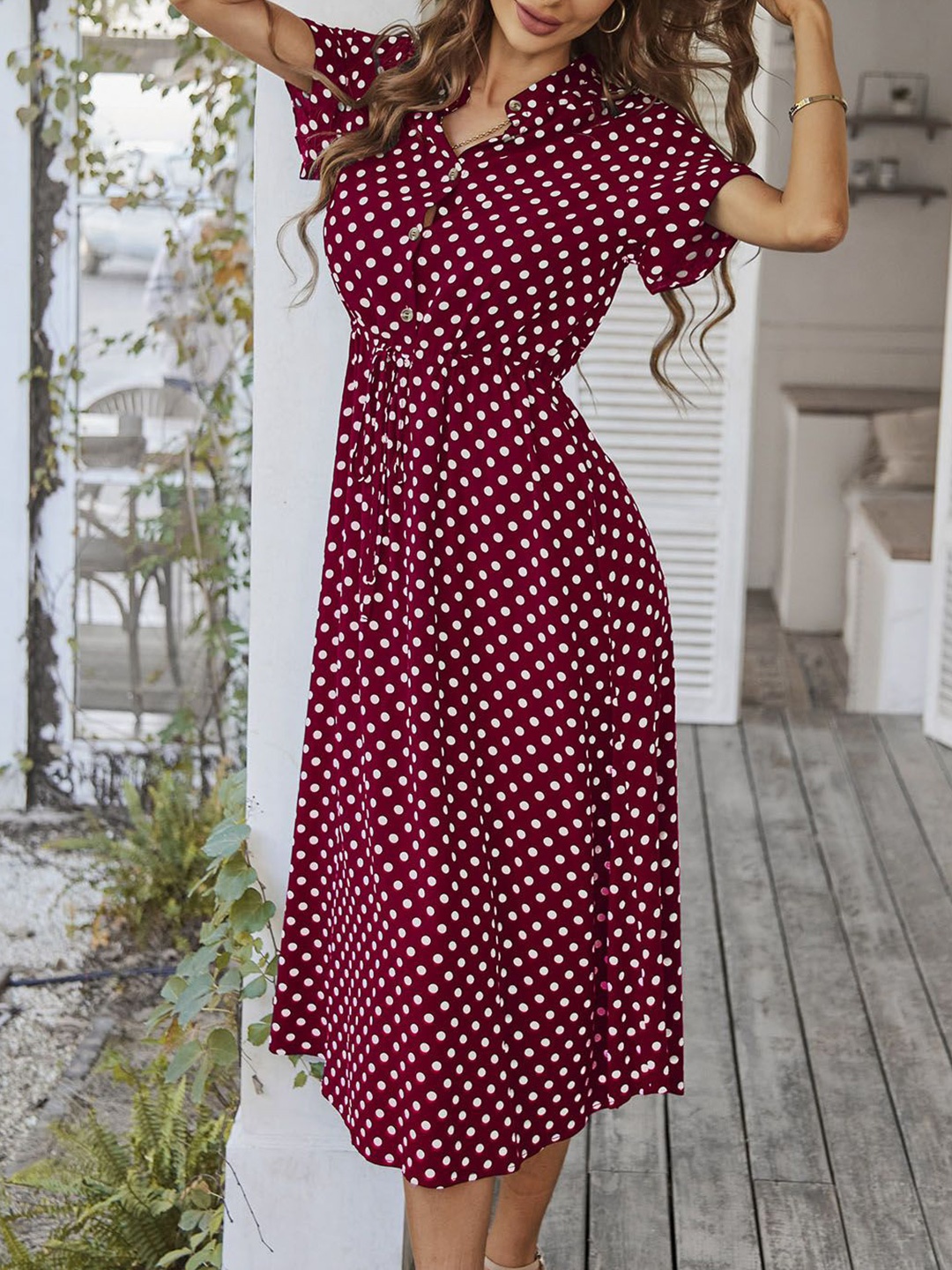 

StyleCast Women Polka Dot Printed Shirt Midi Dress, Burgundy