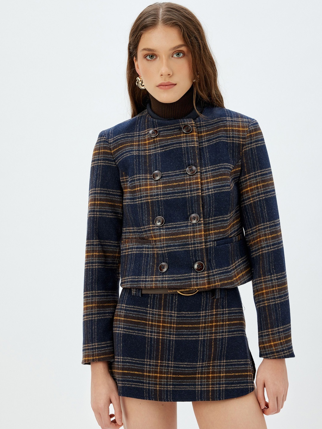

Koton Women Checked Crop Denim Jacket, Navy blue