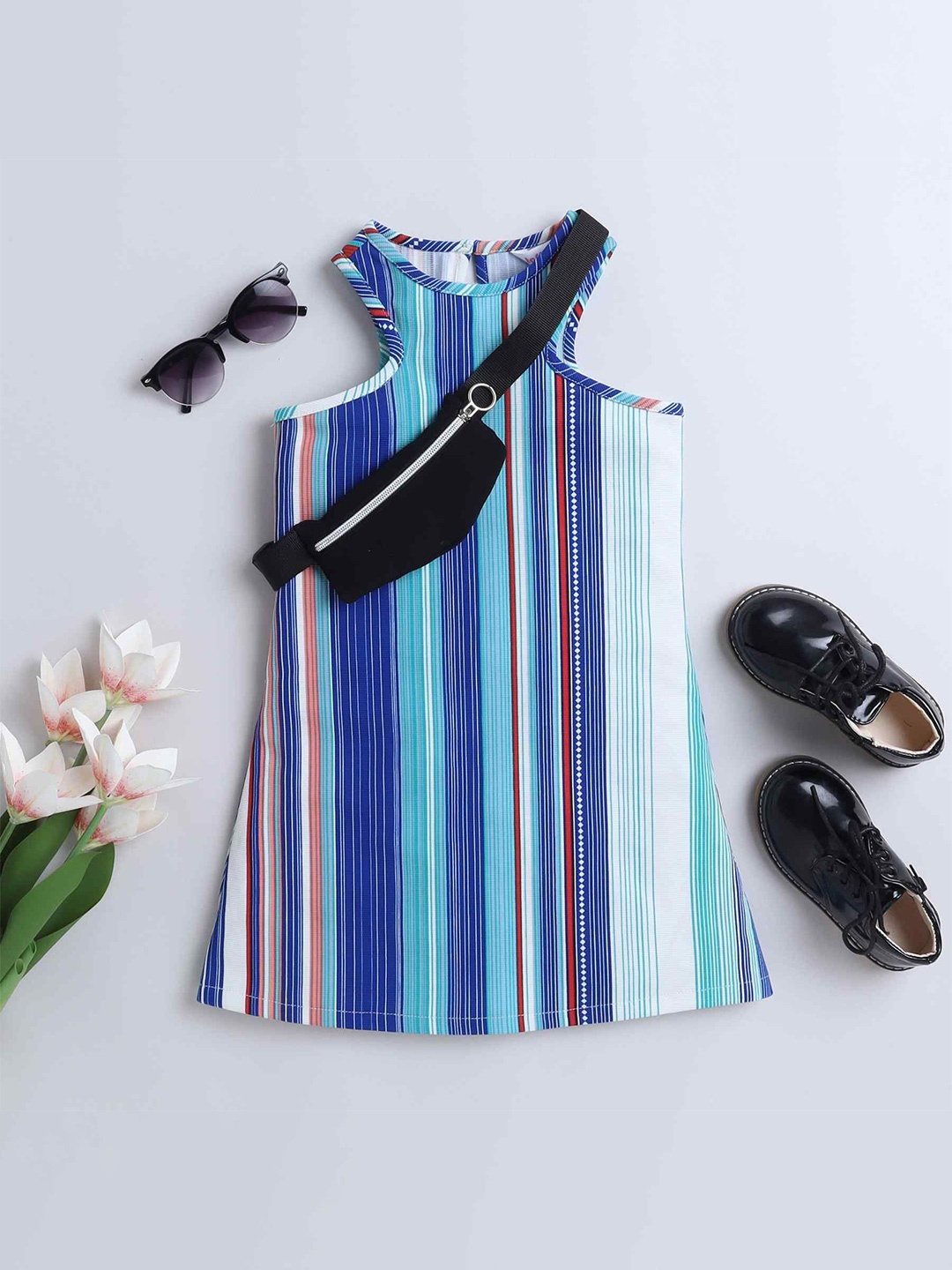 

taffykids Girls Striped Printed A-Line Dress, Navy blue