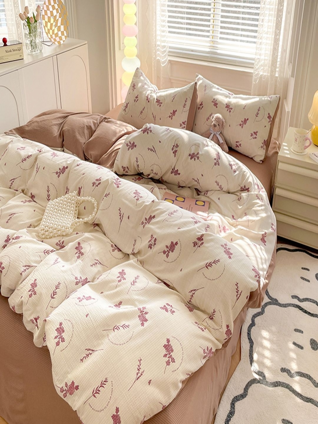 

JC HOME Brown & Purple Floral Polycotton 3 Piece Double Extra Large Regular Bedding Set
