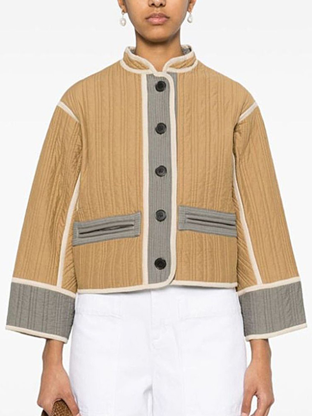 

LULU & SKY Women Mandarin Collar Solid Casual Tailored Jacket, Khaki