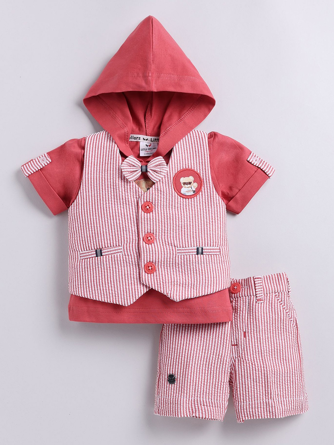 

LITTLE COLLARS Boys Striped T-shirt with Shorts & Waistcoat, Red