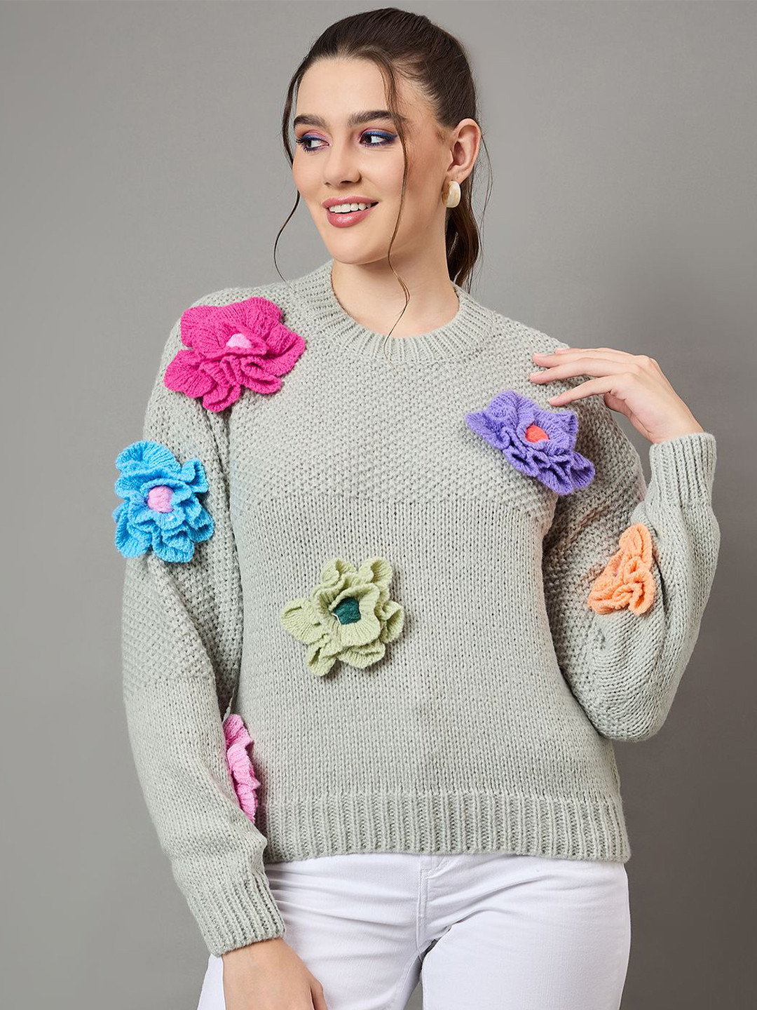 

KASMA Women Floral Self Design Pullover with Embroidered Detail, Green