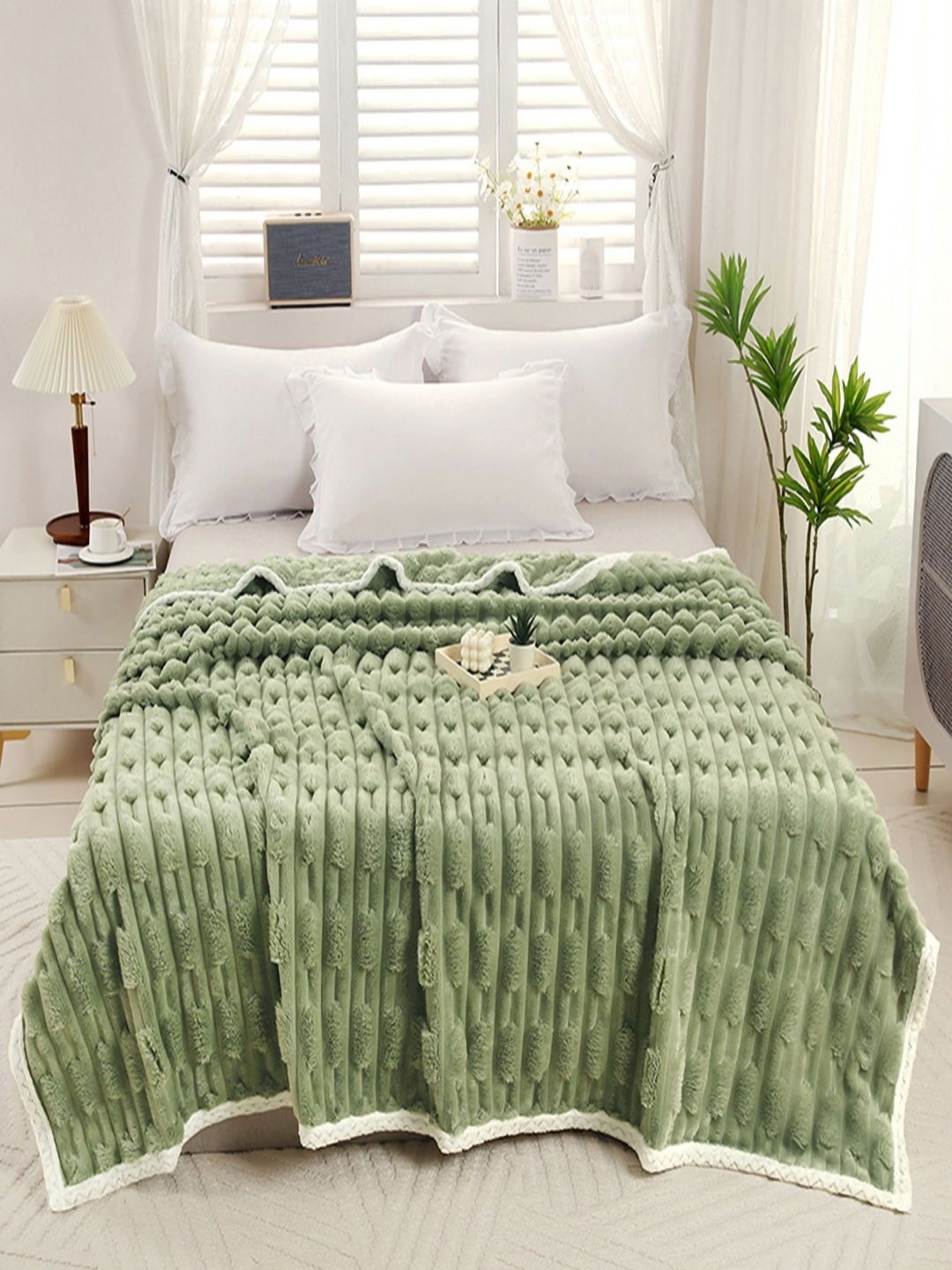 

JC HOME Green & White Striped AC Room 400 GSM Double Bed Blanket