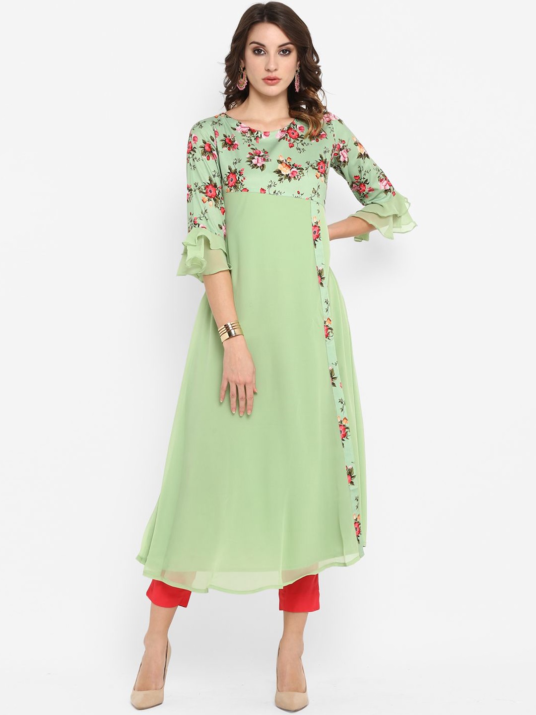 

KALINI Floral Printed A-Line Crepe Kurta, Green