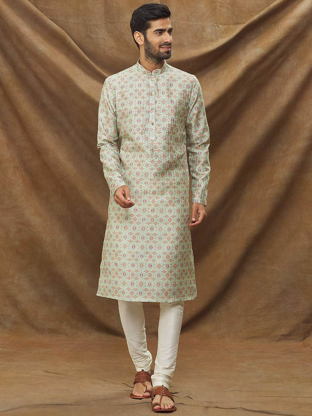 

Samyukta Singhania Geometric Printed Thread Work Mandarin Collar Straight Kurta & Churidar, Green