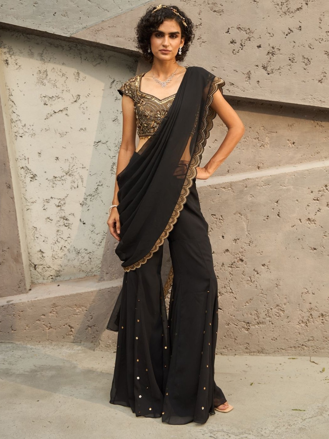 

Shreeka Embellished Banarasi Saree tissue blouse pant saree set, Black