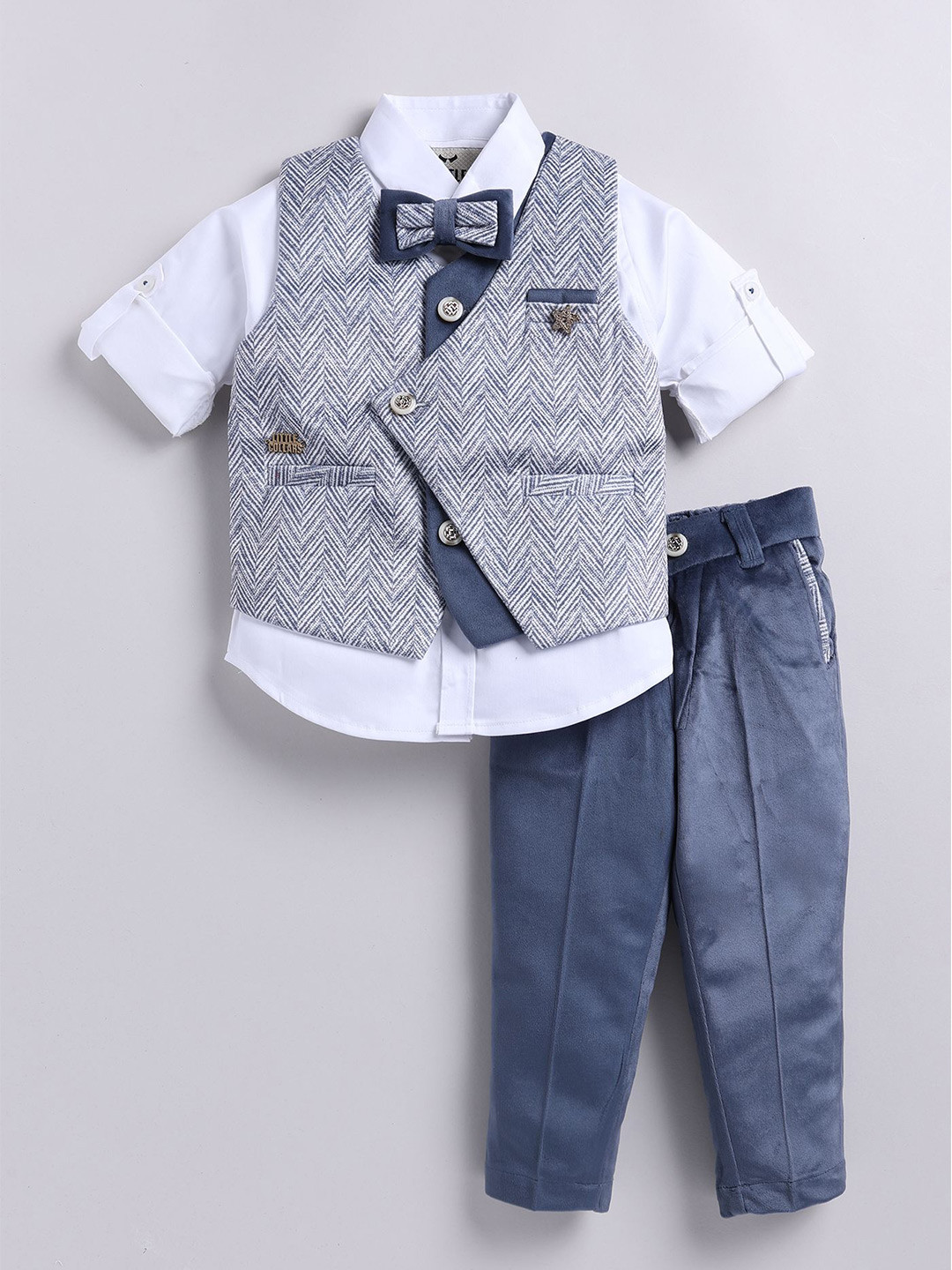 

LITTLE COLLARS Boys Shirt Collar Long Sleeves Shirt With Trouser With Waistcoat, Blue