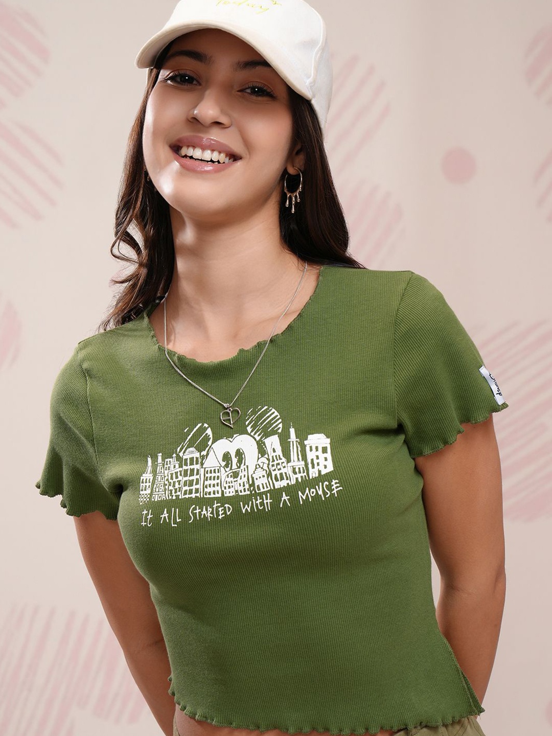 

Tokyo Talkies Disney Women Mickey Mouse Printed Asymmetric Rib Top, Olive