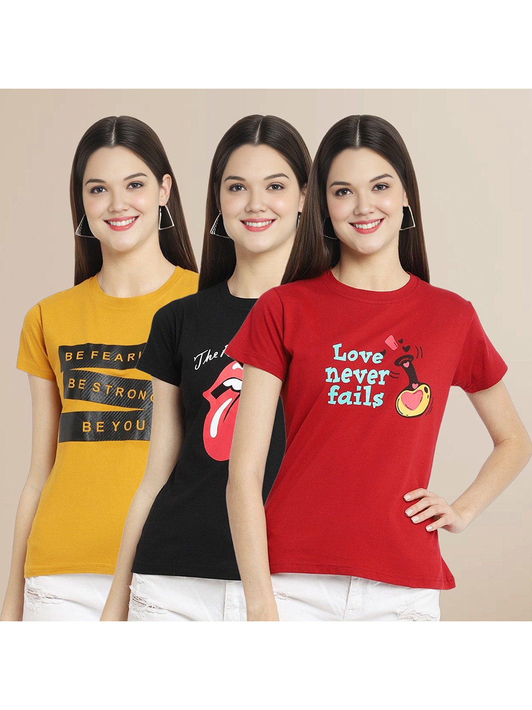 

Metronaut Women Pack Of 3 Typography Printed Round Neck Cotton T-shirts, Mustard