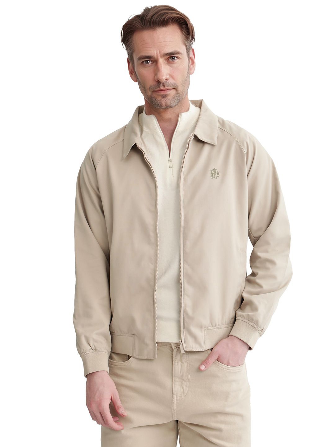 

RARE RABBIT Men Cotton Bomber with Embroidered Jacket, Beige