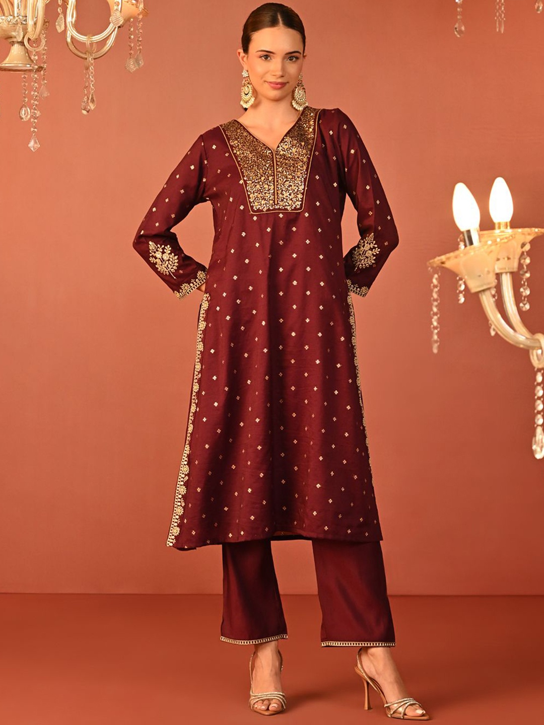 

Lakshita Embroidered V-Neck Three-Quarter Sleeves Top With Trouser, Maroon