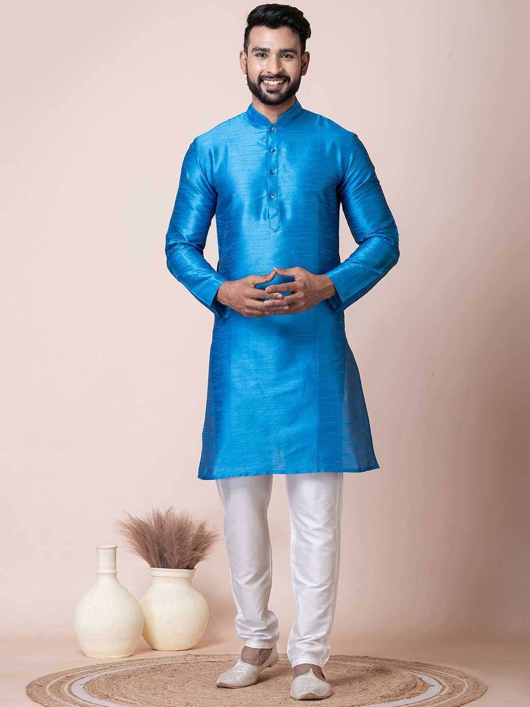 

HERE&NOW Turquoise Blue Mandarin Collar Long Sleeves Regular Straight Kurta