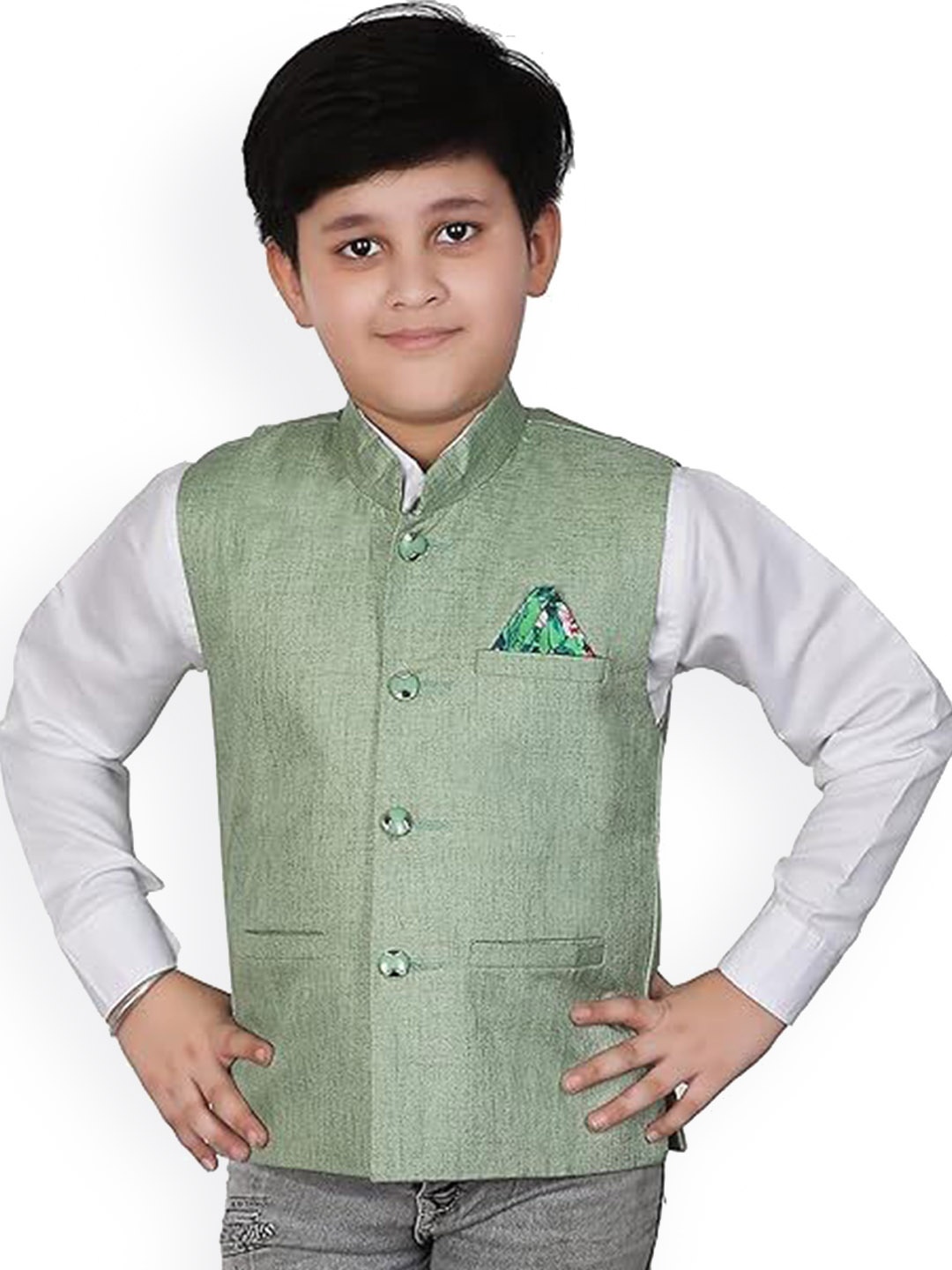 

Eliq Boys Mandarin Collar Corduroy Nehru Jacket, Sea green