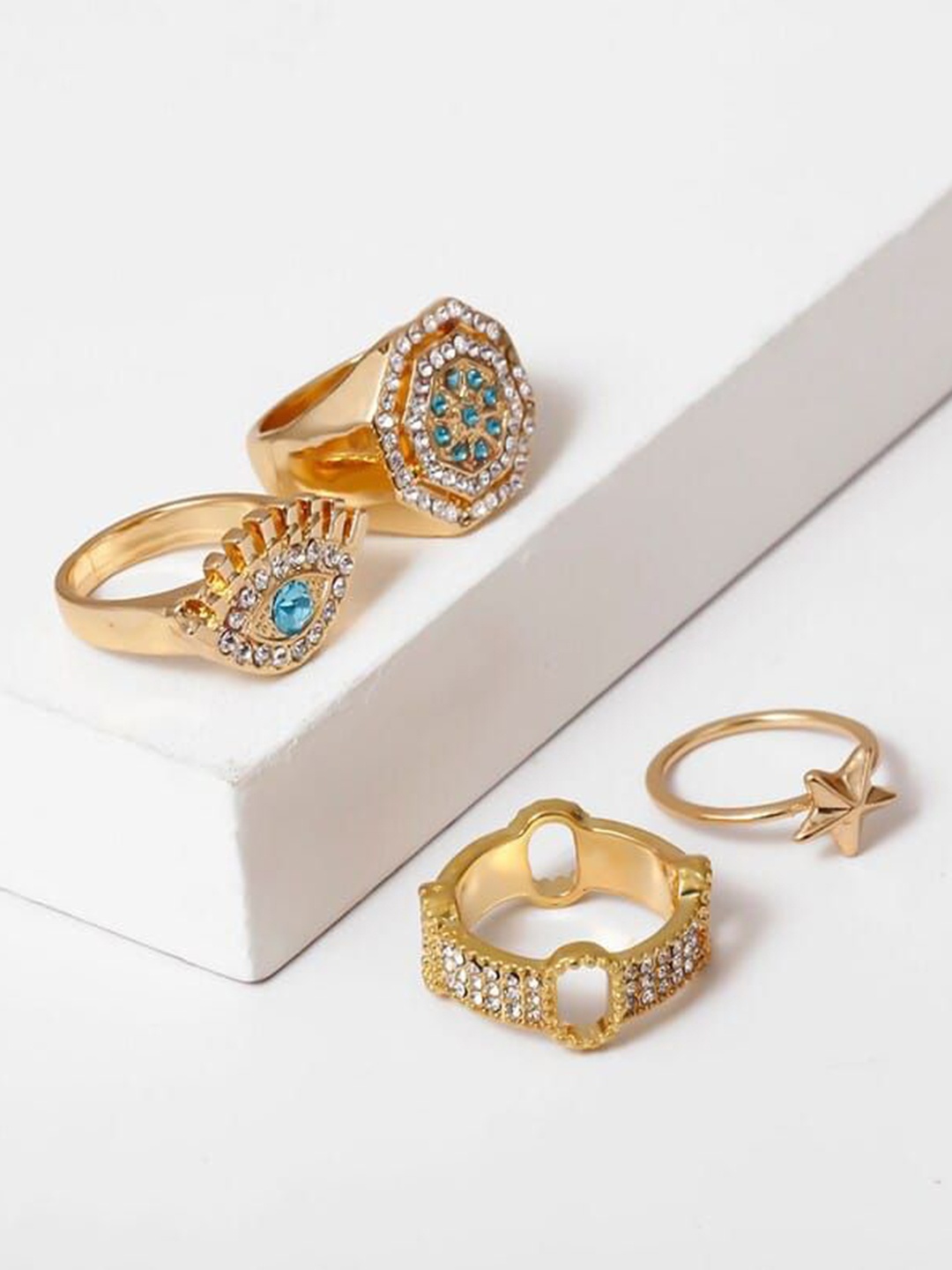 

YU FASHIONS Set Of 4 Gold-Plated Stainless Steel Rhinestone Studded Finger Ring