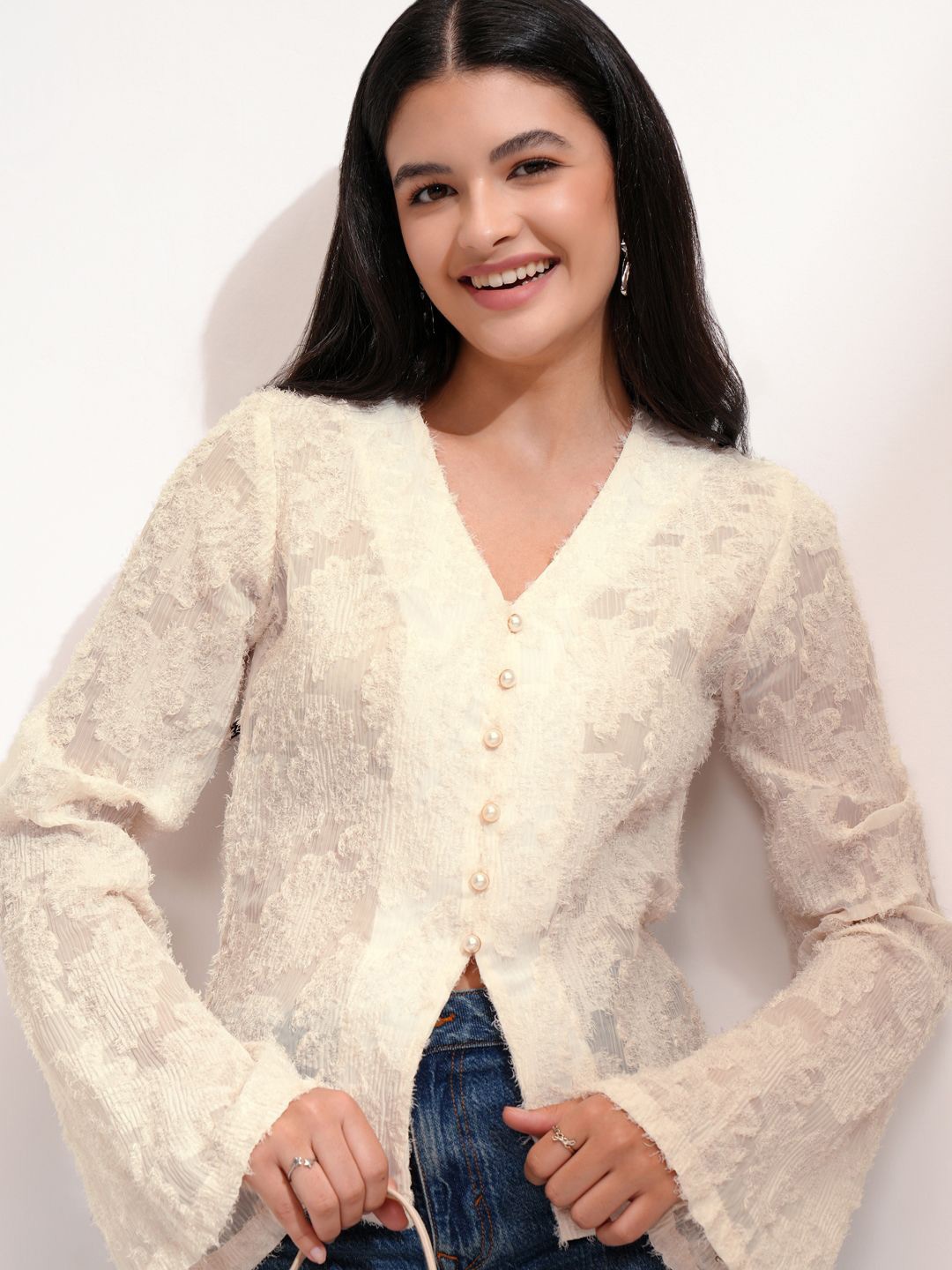 

ESPYR By Tokyo Talkies Women Self Design Lace-Up BlousonTop, Cream