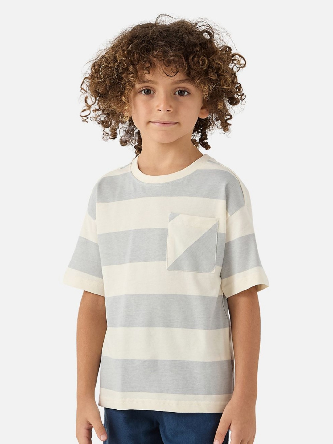 

Juniors by Babyshop Boys Striped Round Neck Cotton Oversized T-shirt, Cream