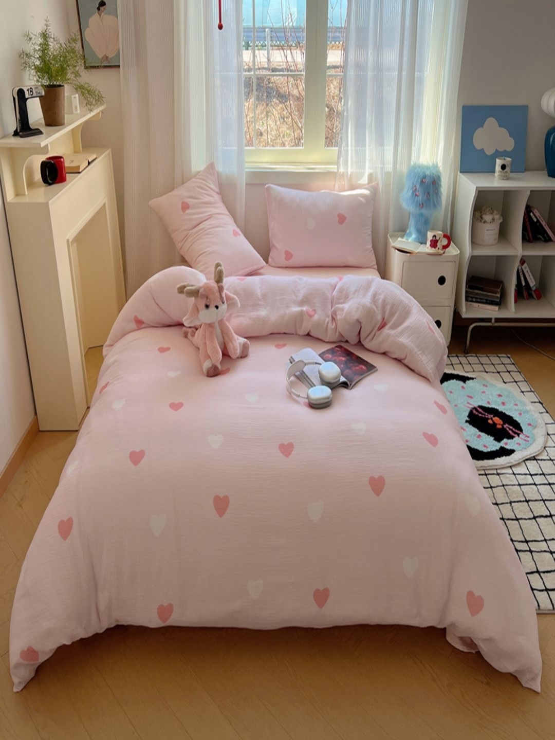 

JC HOME Pink & White Geometric Polycotton 3 Piece Double Queen Regular Bedding Set