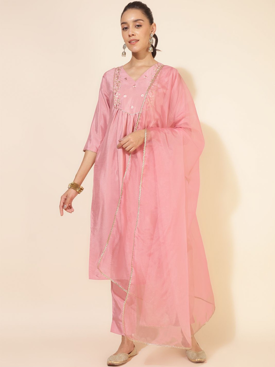 

KALINI Floral Embroidered Pleated Gotta Patti Kurta with Trouser & Dupatta, Pink