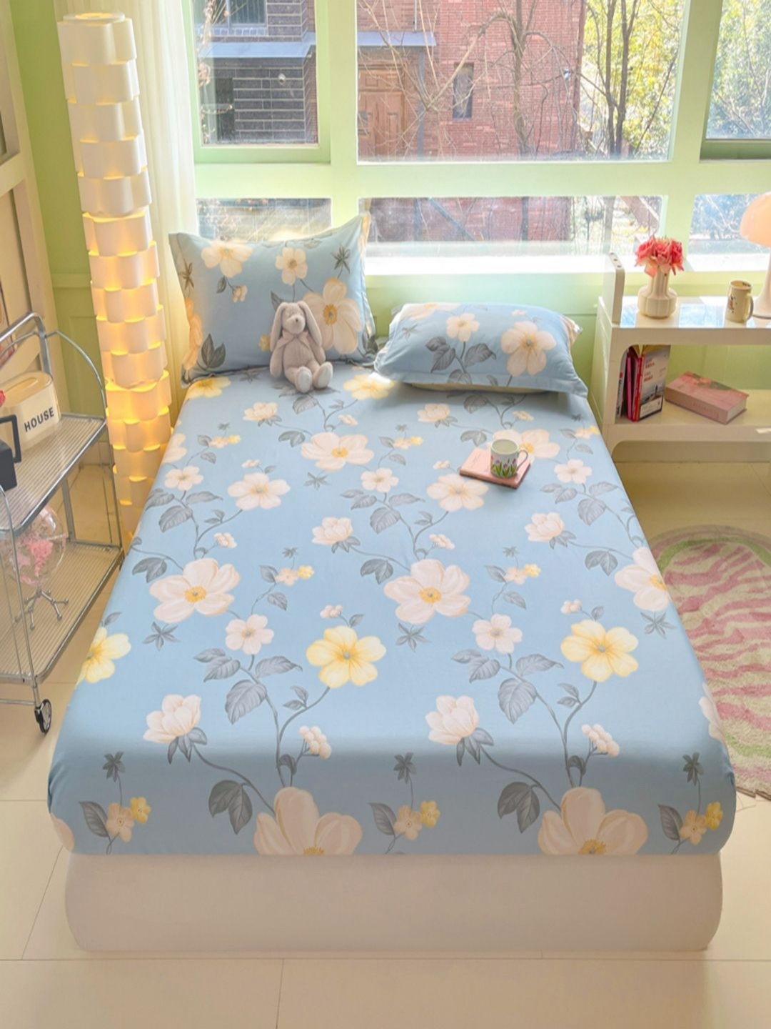 

JC HOME Blue & Yellow Floral Cotton 220 TC Fitted Double King Bedsheet Set-1.8 m x 2 m