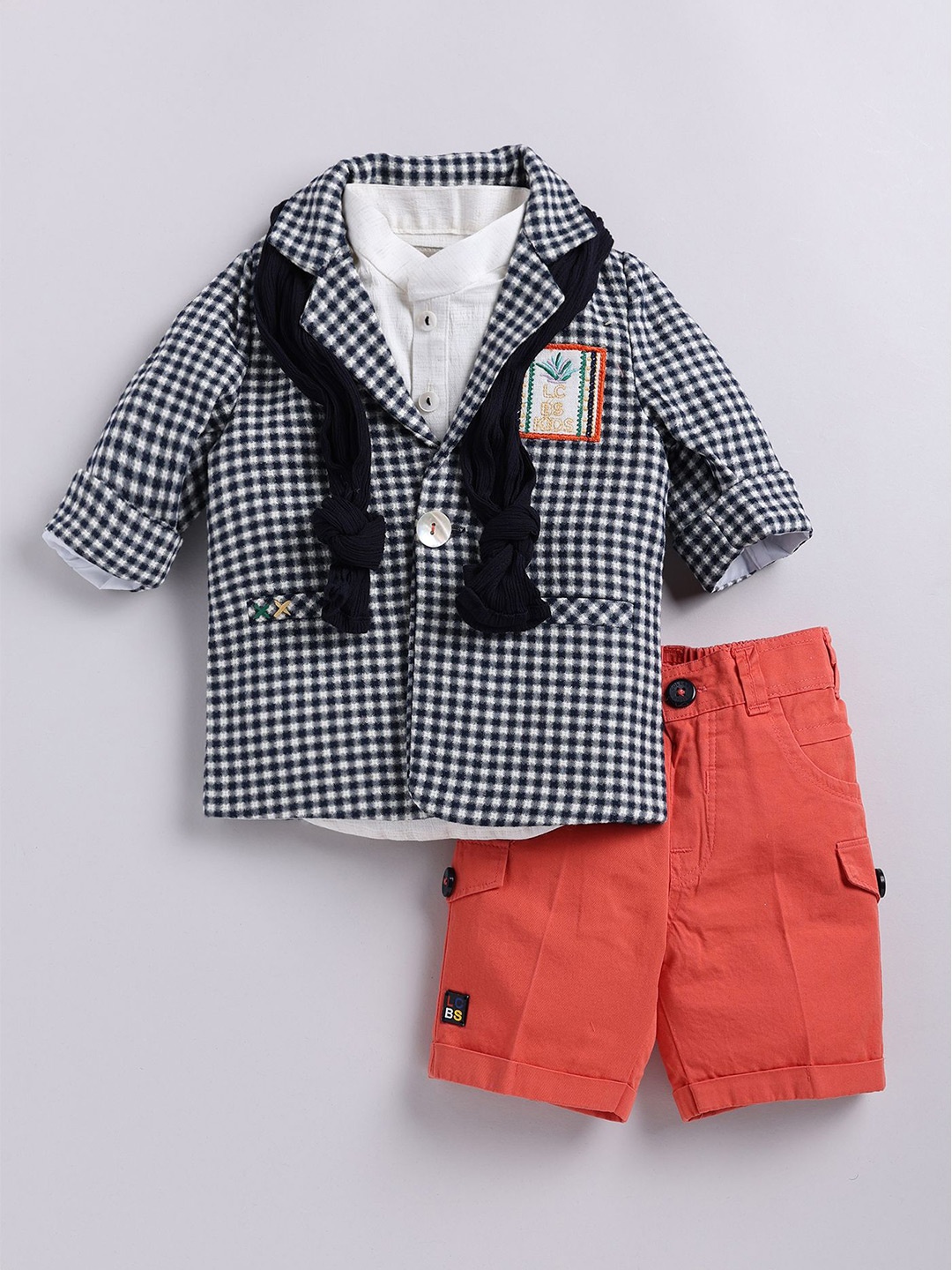 

LITTLE COLLARS Boys Checked Pure Cotton Shirt with Shorts & Blazer, Black