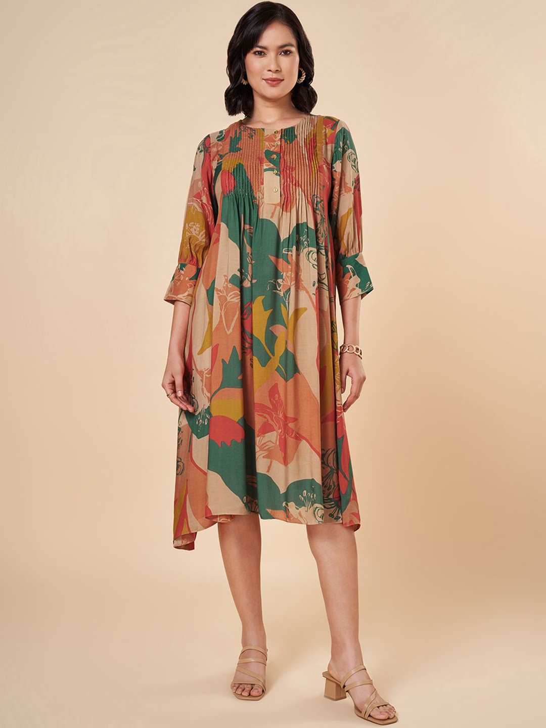 

Marigold Lane Women Floral Printed Pleated A-Line Dress, Orange