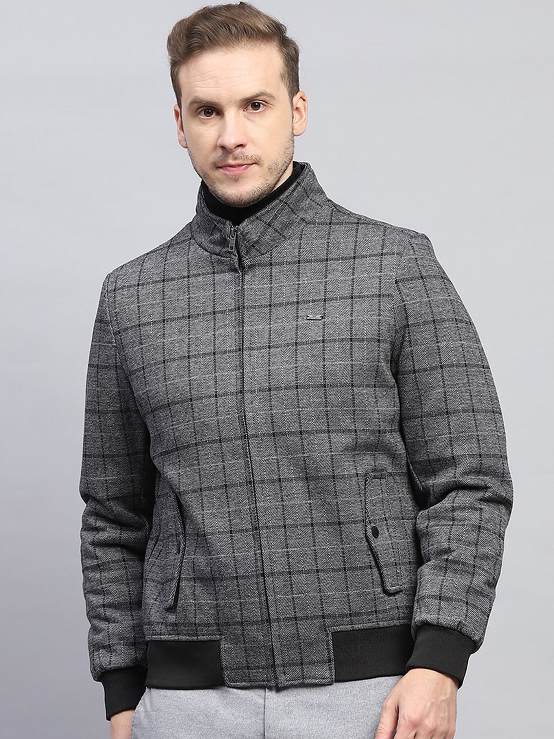 

Monte Carlo Checked Long Sleeve Woolen Jacket, Grey